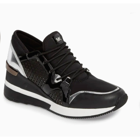 Michael Kors Black Scout Trainer Scuba Leather Wedge Sneaker Star Design 9 - Picture 1 of 16